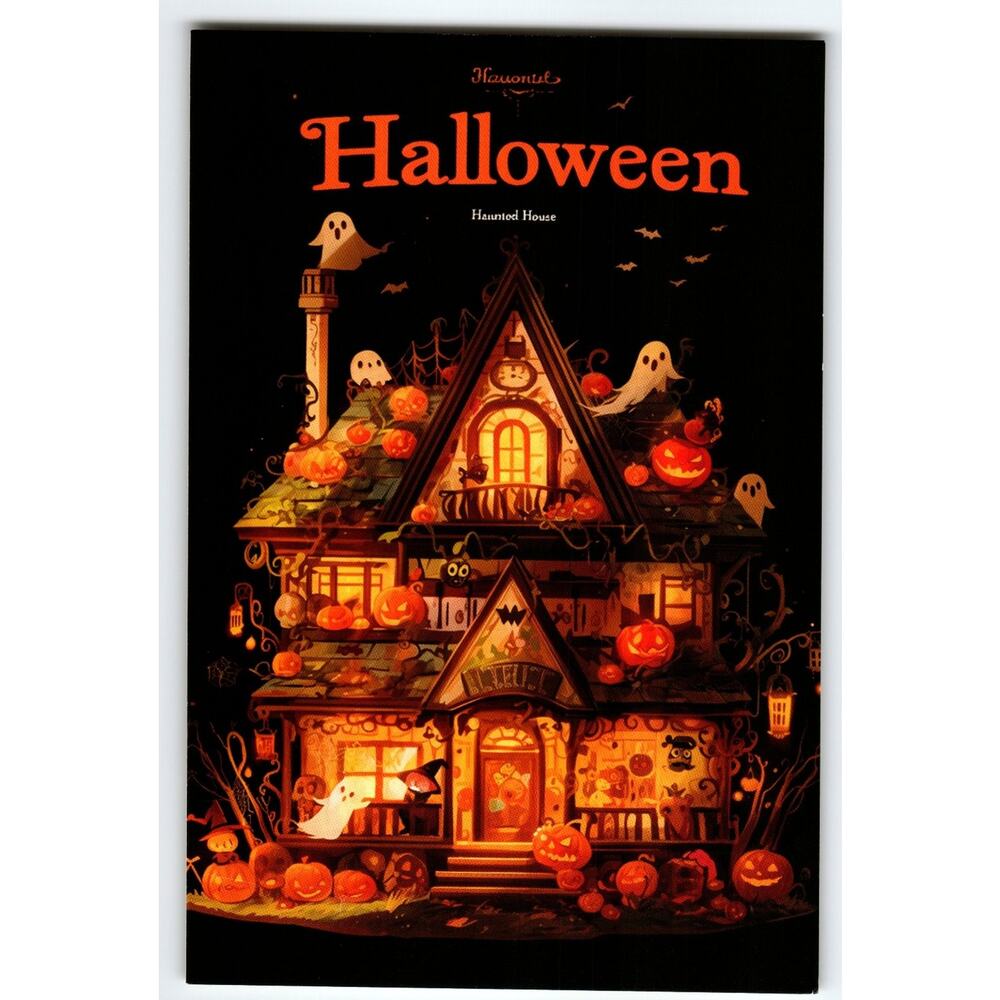 Vintage Halloween Haunted House Postcard with Pumpkins & Ghosts